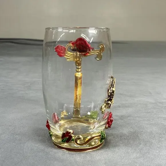 Elegant Tea Cup Glass Coffee Mug Enamel Rose Flower Butterfly ARC and Spoon - Picture 4 of 16